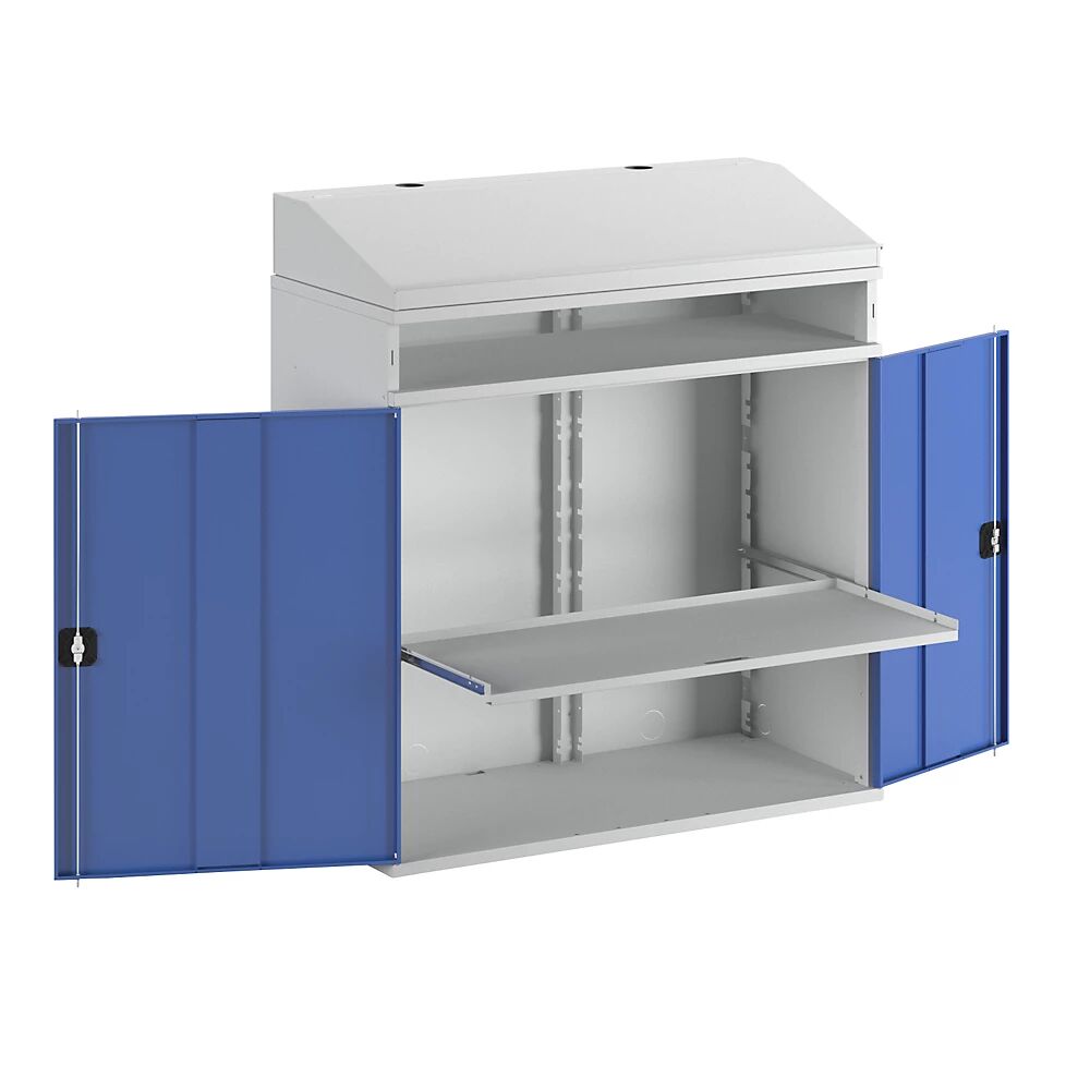 RAU Pupitre alto industrial, con compartimento abierto encima del armario, anchura 1100 mm, gris luminoso / azul genciana