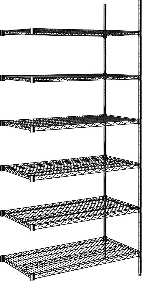 kaiserkraft Estantería de malla de alambre de acero, negra, carga por balda 250 kg, A x P 910 x 610 mm, estantería de ampliación, altura 2180 mm, 6 baldas