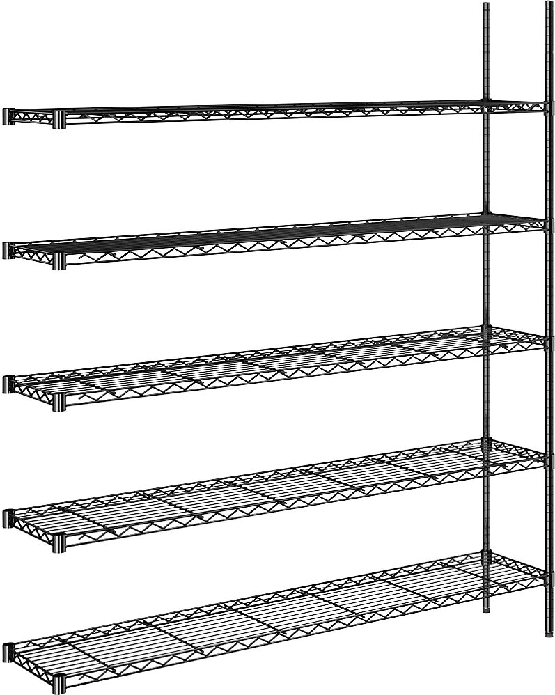 kaiserkraft Estantería de malla de alambre de acero, negra, carga por balda 100 kg, A x P 1520 x 360 mm, estantería de ampliación, altura 1880 mm, 5 baldas