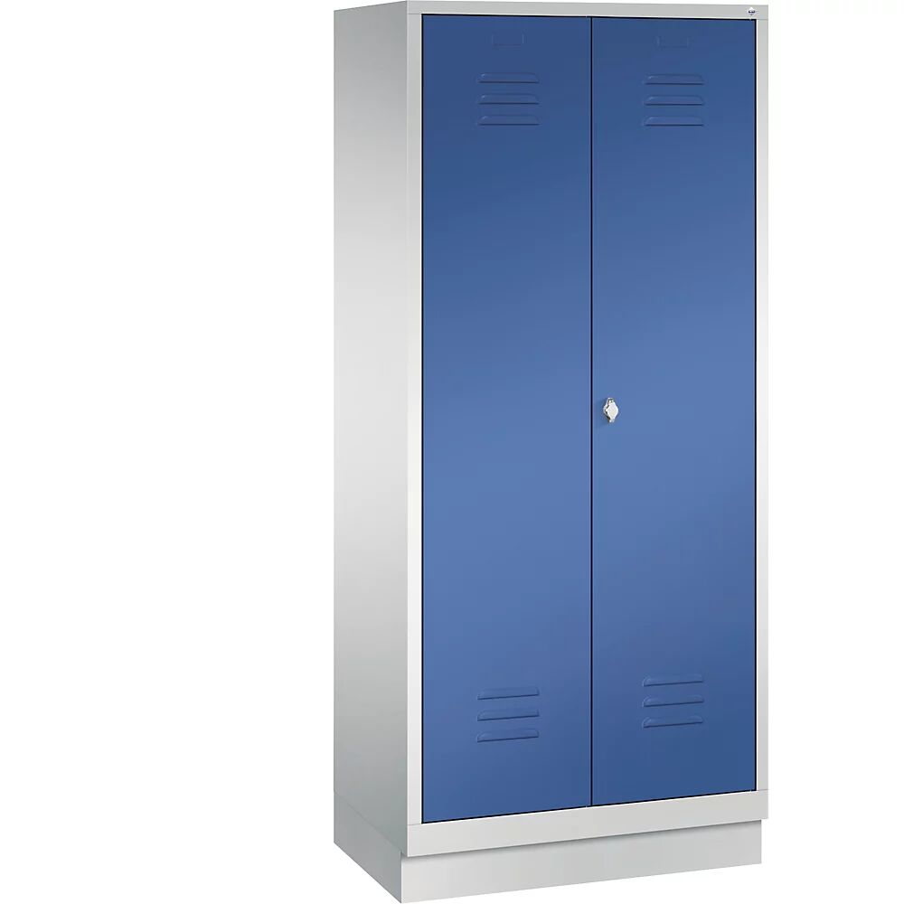C+P Armario de almacenamiento CLASSIC con zócalo y puertas batientes que cierran al ras entre sí, 2 compartimentos, anchura de compartimento 400 mm, gris luminoso / azul genciana