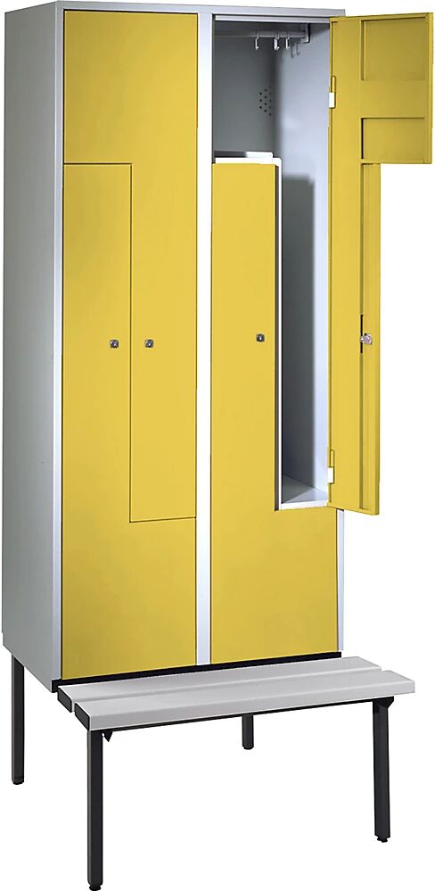 Wolf Armario guardarropa en Z con banco, H x A x P 2140 x 800 x 500 mm, 4 compartimentos, puertas en amarillo zinc