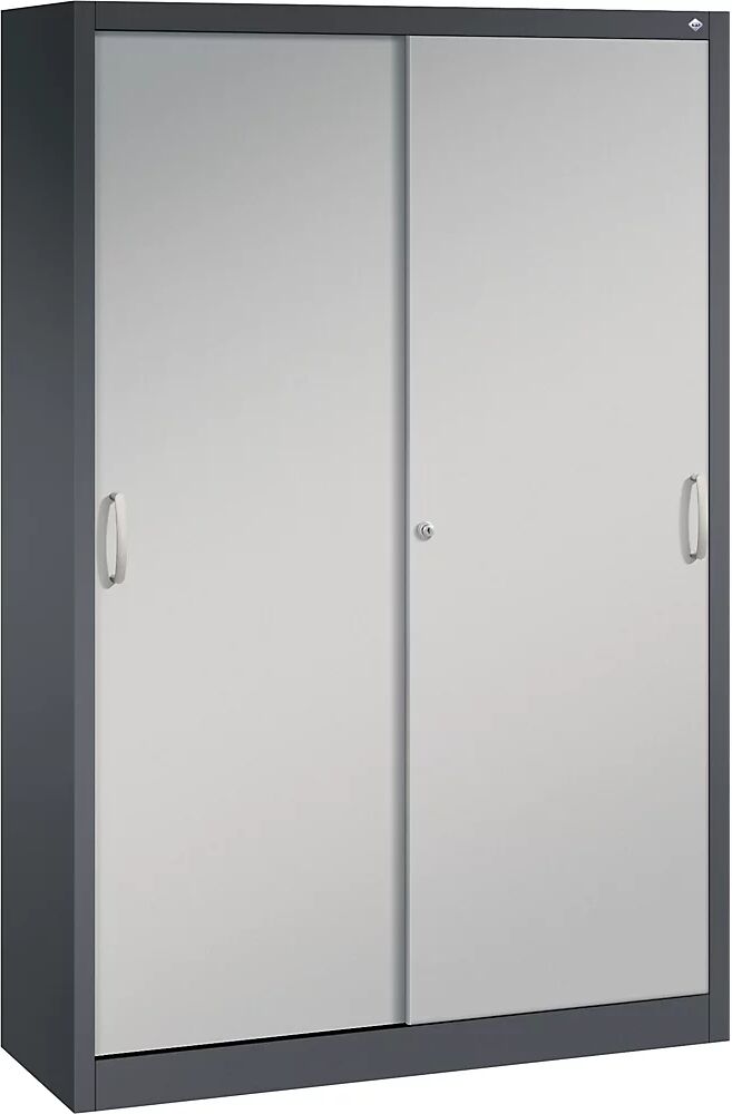 C+P Armario de puertas correderas ACURADO, 3 baldas, 2 compartimento bajo llave, H x A x P 1950 x 1200 x 400 mm, gris negruzco / aluminio blanco