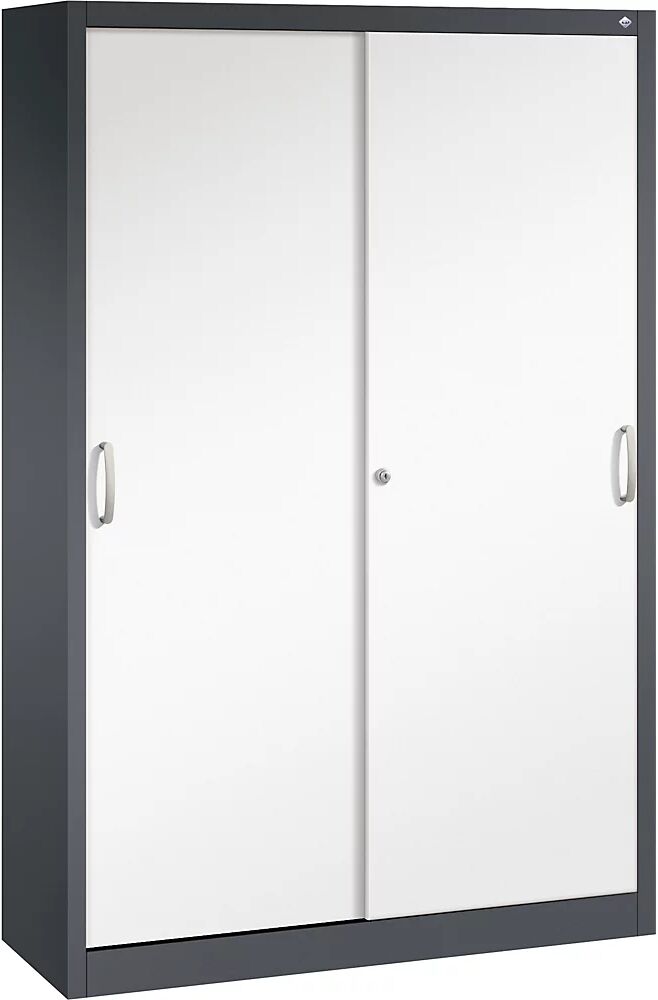 C+P Armario de puertas correderas ACURADO, 3 baldas, 2 compartimento bajo llave, H x A x P 1950 x 1200 x 400 mm, gris negruzco / blanco tráfico