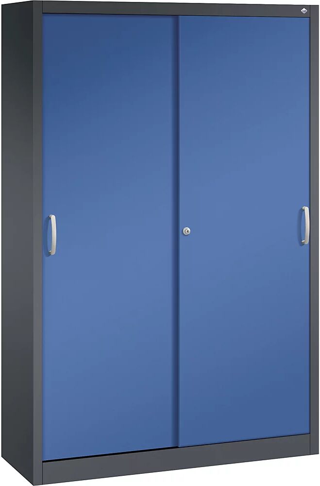 C+P Armario de puertas correderas ACURADO, 3 baldas, 2 compartimento bajo llave, H x A x P 1950 x 1200 x 400 mm, gris negruzco / azul genciana