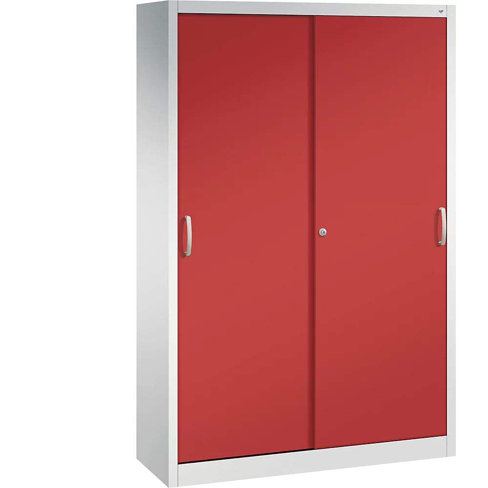 C+P Armario de puertas correderas ACURADO, 3 baldas, 2 compartimento bajo llave, H x A x P 1950 x 1200 x 400 mm, gris luminoso / rojo vivo