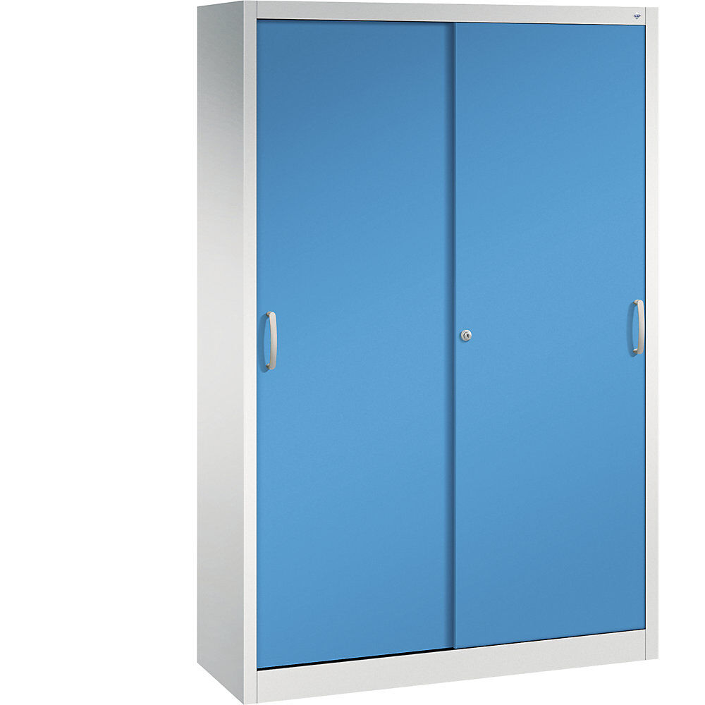 C+P Armario de puertas correderas ACURADO, 3 baldas, 2 compartimento bajo llave, H x A x P 1950 x 1200 x 400 mm, gris luminoso / azul luminoso