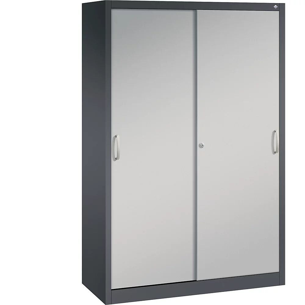 C+P Armario de puertas correderas ACURADO, 3 baldas, 2 compartimento bajo llave, H x A x P 1950 x 1200 x 500 mm, gris negruzco / aluminio blanco