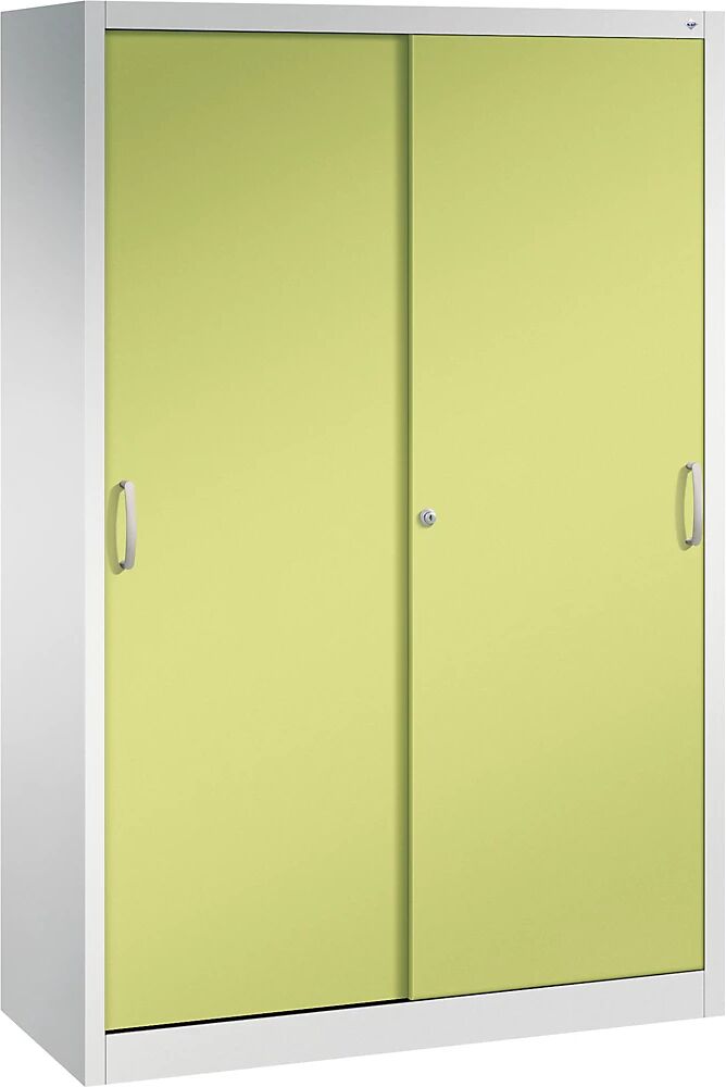 C+P Armario de puertas correderas ACURADO, 3 baldas, 2 compartimento bajo llave, H x A x P 1950 x 1200 x 500 mm, gris luminoso / verde pistacho