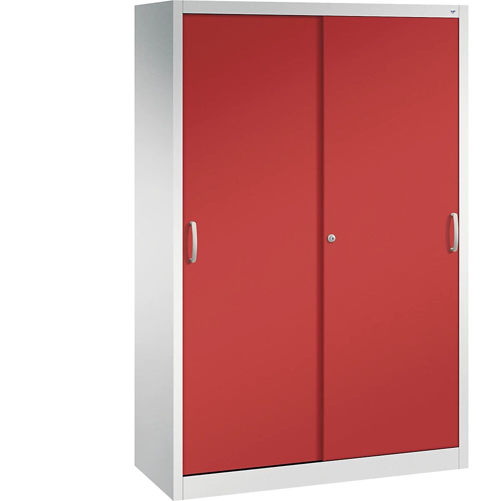 C+P Armario de puertas correderas ACURADO, 3 baldas, 2 compartimento bajo llave, H x A x P 1950 x 1200 x 500 mm, gris luminoso / rojo vivo