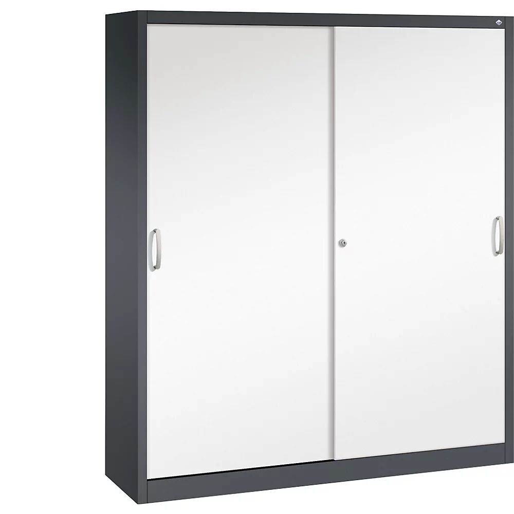 C+P Armario de puertas correderas ACURADO, 6 baldas, 2 compartimento bajo llave, H x A x P 1950 x 1600 x 400 mm, gris negruzco / blanco tráfico