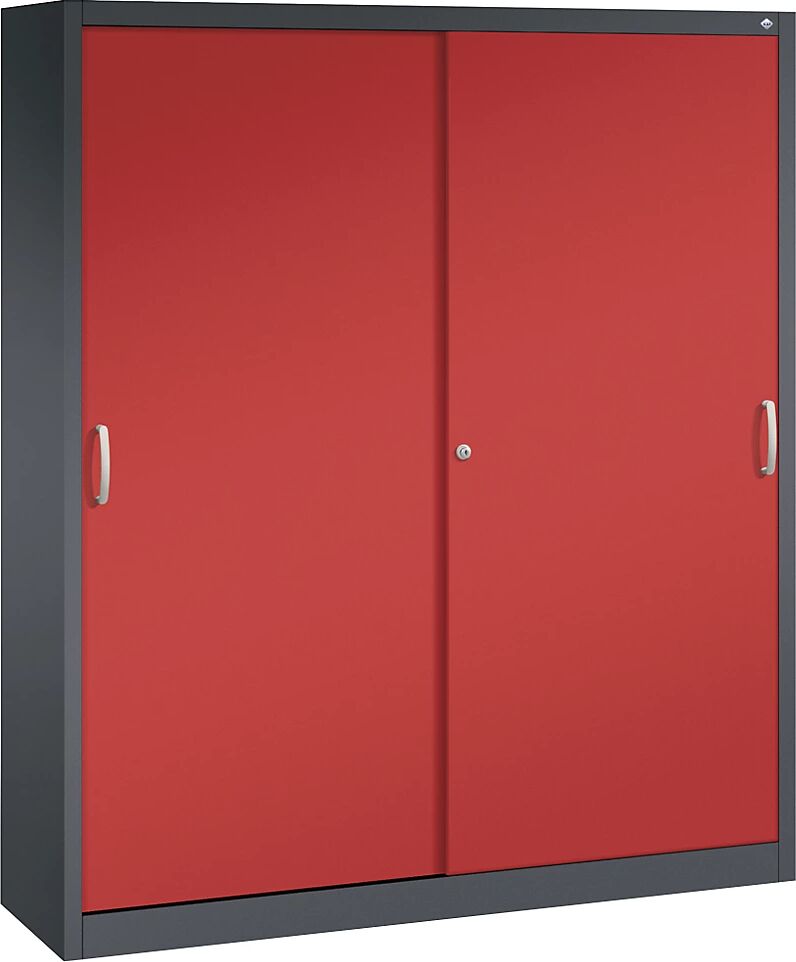 C+P Armario de puertas correderas ACURADO, 6 baldas, 2 compartimento bajo llave, H x A x P 1950 x 1600 x 400 mm, gris negruzco / rojo vivo