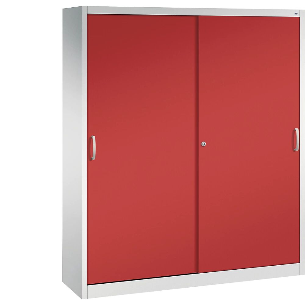 C+P Armario de puertas correderas ACURADO, 6 baldas, 2 compartimento bajo llave, H x A x P 1950 x 1600 x 400 mm, gris luminoso / rojo vivo