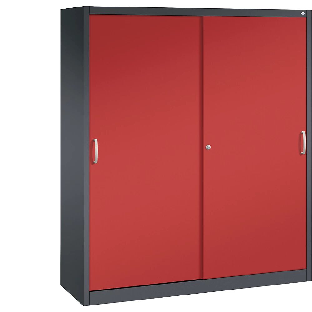 C+P Armario de puertas correderas ACURADO, 6 baldas, 2 compartimento bajo llave, H x A x P 1950 x 1600 x 500 mm, gris negruzco / rojo vivo