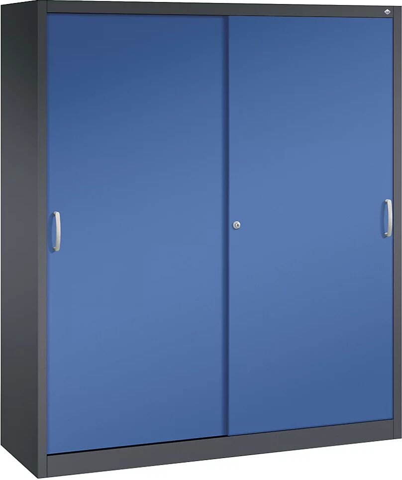 C+P Armario de puertas correderas ACURADO, 6 baldas, 2 compartimento bajo llave, H x A x P 1950 x 1600 x 500 mm, gris negruzco / azul genciana