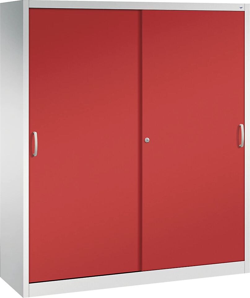 C+P Armario de puertas correderas ACURADO, 6 baldas, 2 compartimento bajo llave, H x A x P 1950 x 1600 x 500 mm, gris luminoso / rojo vivo