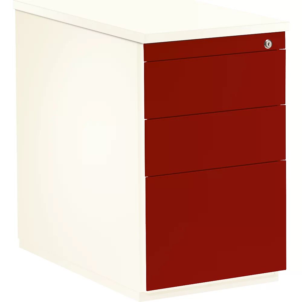 mauser Contenedor con cajones, H x P 720 x 800 mm, 2 cajones para material, 1 archivador colgante, blanco puro / rojo rubí / blanco puro