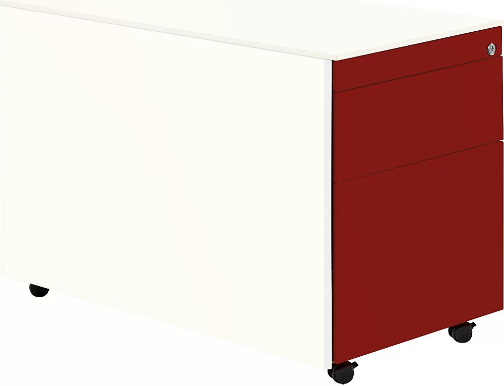 mauser Buck rodante, H x P 570 x 800 mm, 1 cajón para material, 1 archivador colgante, blanco puro / rojo rubí / blanco puro