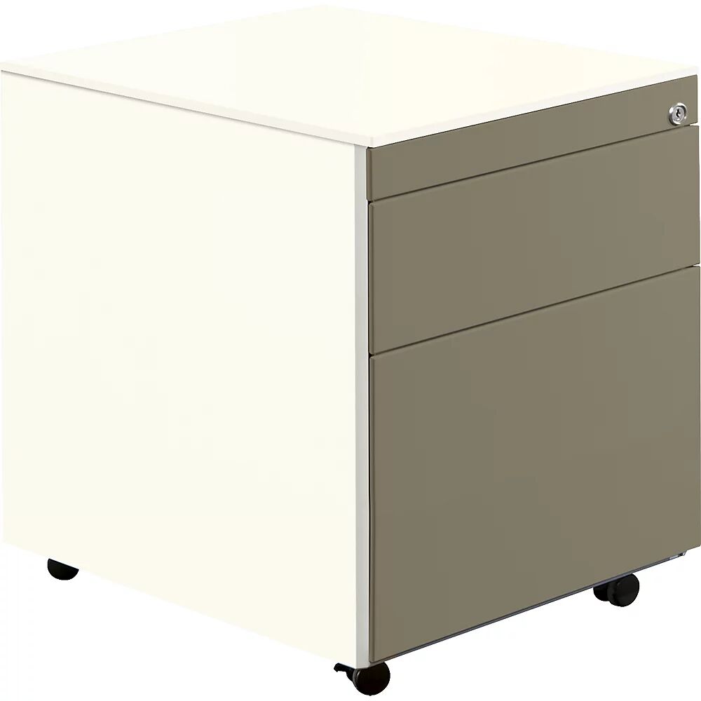 mauser Buck rodante, H x P 570 x 600 mm, 1 cajón para material, 1 archivador colgante, blanco puro / gris beige / blanco puro