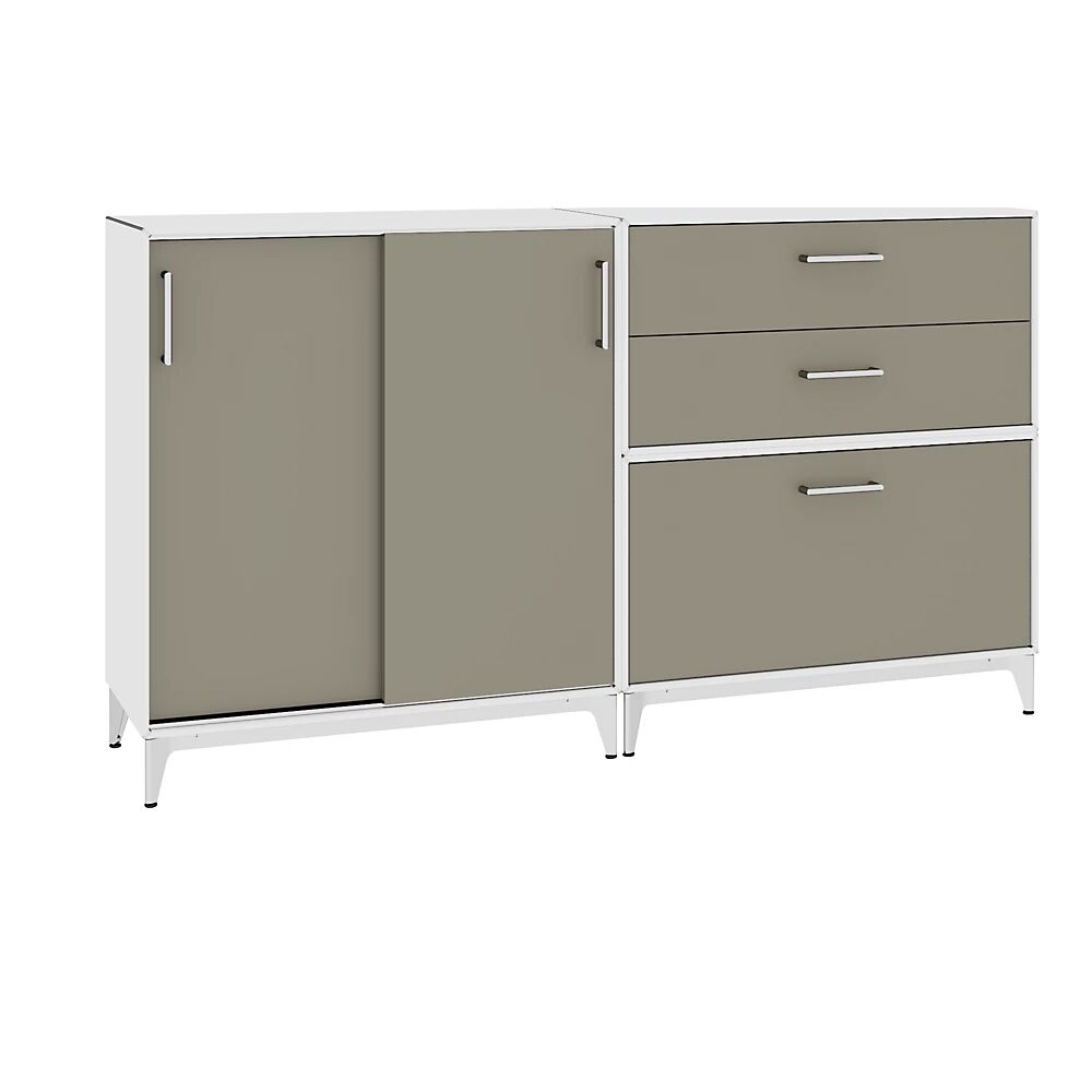 mauser Mueble bajo, puertas correderas, 3 cajones, blanco puro / gris beige