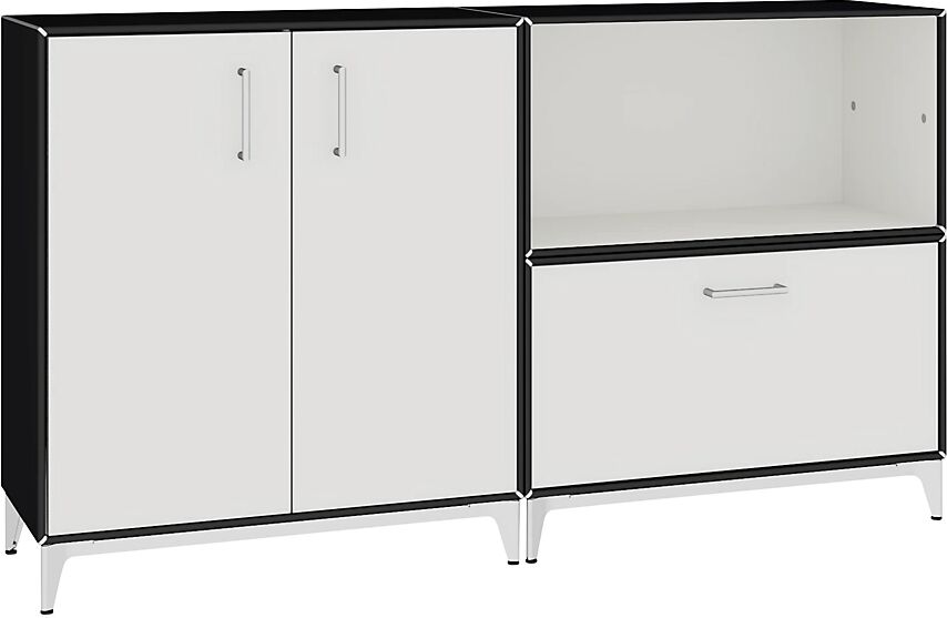 mauser Mueble bajo, puertas batientes, 1 cajón, 1 compartimento, negro intenso / blanco señal