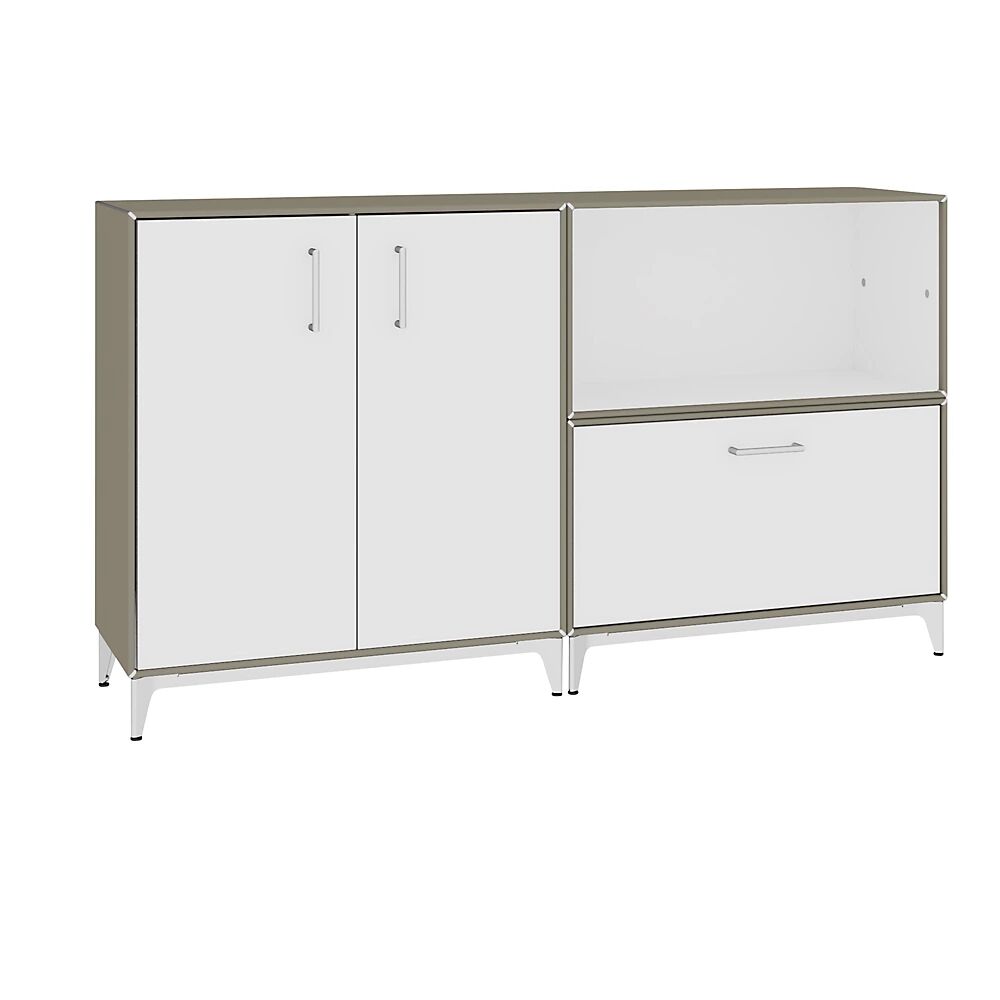 mauser Mueble bajo, puertas batientes, 1 cajón, 1 compartimento, gris beige / blanco puro