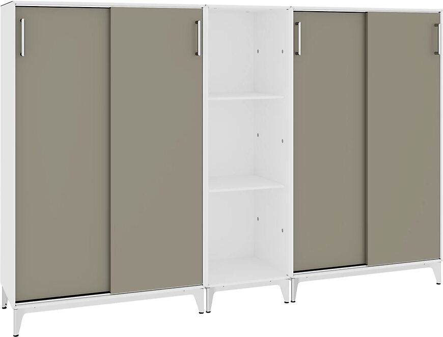 mauser Armario auxiliar, 2 módulos con puertas correderas, 3 compartimentos, blanco puro / gris beige