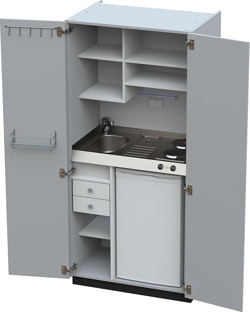 kaiserkraft Cocina-armario con puertas batientes, 2 placas de cocción eléctricas, fregadero a la izquierda, gris, 1956 x 900 x 650 mm