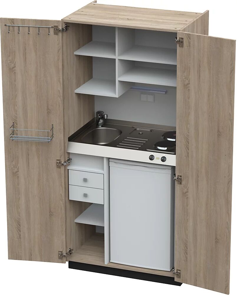 kaiserkraft Cocina-armario con puertas batientes, 2 placas de cocción eléctricas, fregadero a la izquierda, roble, 1956 x 900 x 650 mm