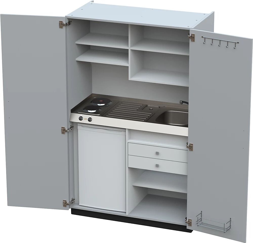 kaiserkraft Cocina-armario con puertas batientes, 2 placas de cocción eléctricas, fregadero a la derecha, gris, 1956 x 1200 x 650 mm