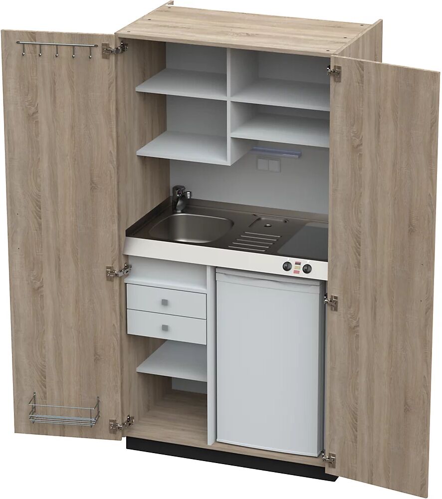 kaiserkraft Cocina-armario con puertas batientes, 2 placas de vitrocerámica, fregadero a la izquierda, roble, 1956 x 1000 x 650 mm