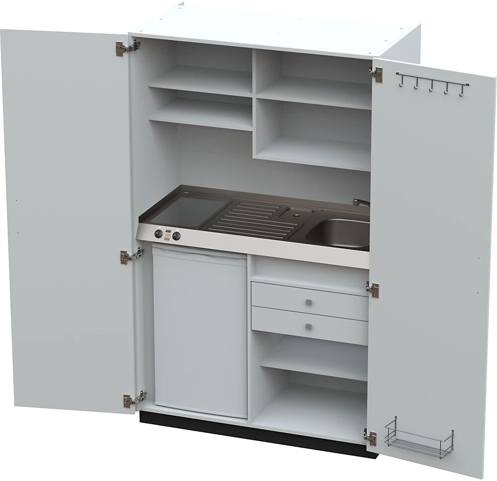 kaiserkraft Cocina-armario con puertas batientes, 2 placas de vitrocerámica, fregadero a la derecha, blanco, 1956 x 1200 x 650 mm