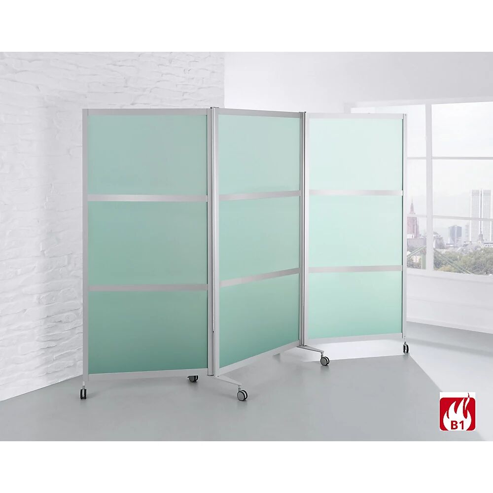 kaiserkraft Biombo móvil, ignífugo, marco de aluminio con vidrio de seguridad ESG, H x A x P 1900 x 2800 x 450 mm, satinado