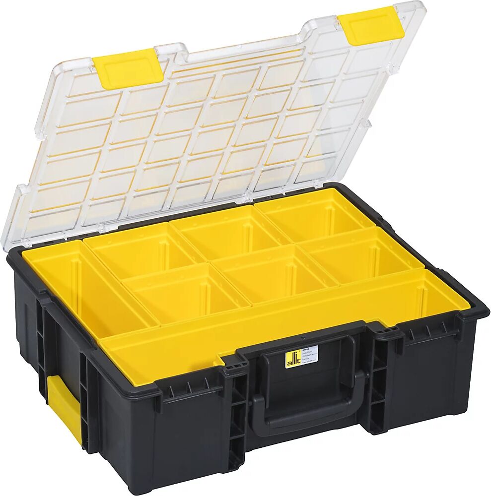 kaiserkraft Maletín profesional para piezas pequeñas, A x H exteriores 355 x 144 mm, UE 2 unid., negro/amarillo/transparente