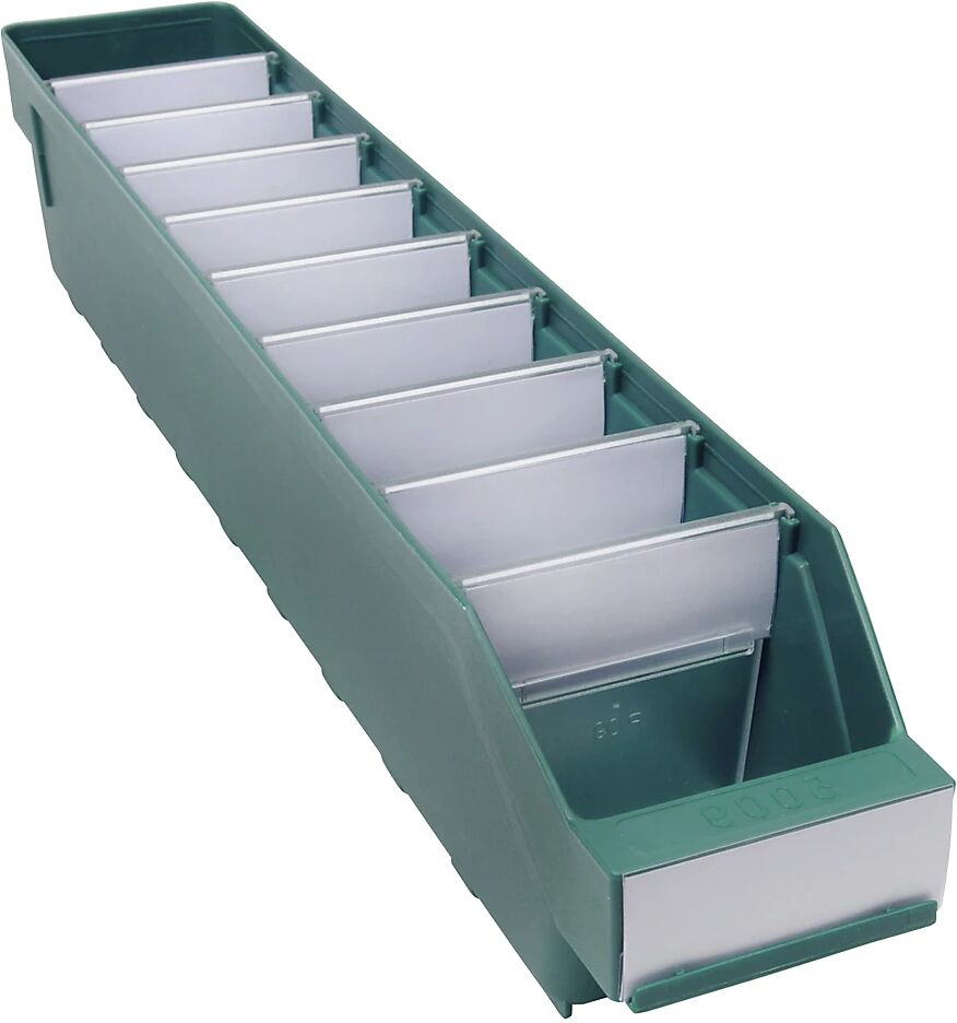 STEMO Caja para estanterías de polipropileno a prueba de golpes, verde, L x A x H 500 x 90 x 95 mm, UE 40 unidades