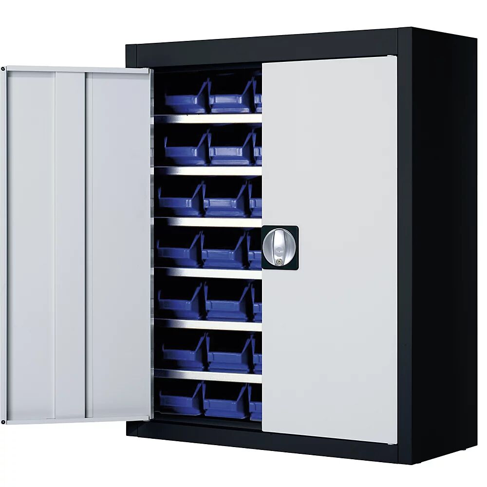 mauser Armario-almacén con cajas visualizables, H x A x P 820 x 680 x 280 mm, bicolor, cuerpo negro, puertas en gris, 42 cajas