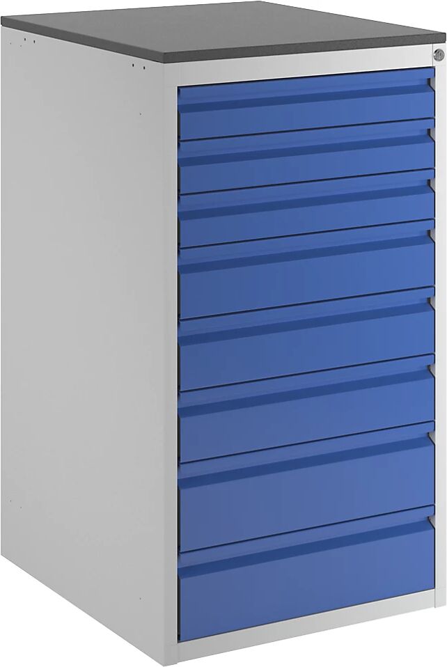 RAU Cajonera con guías telescópicas, altura 1030 mm, cajones: 3 x 90, 3 x 120, 2 x 150 mm, gris luminoso / azul genciana, anchura 580 mm