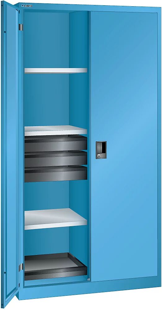 LISTA Armario de puertas batientes, H x A x P 1950 x 1000 x 580 mm, cuerpo vacío con 8 baldas y 6 cajones, azul luminoso