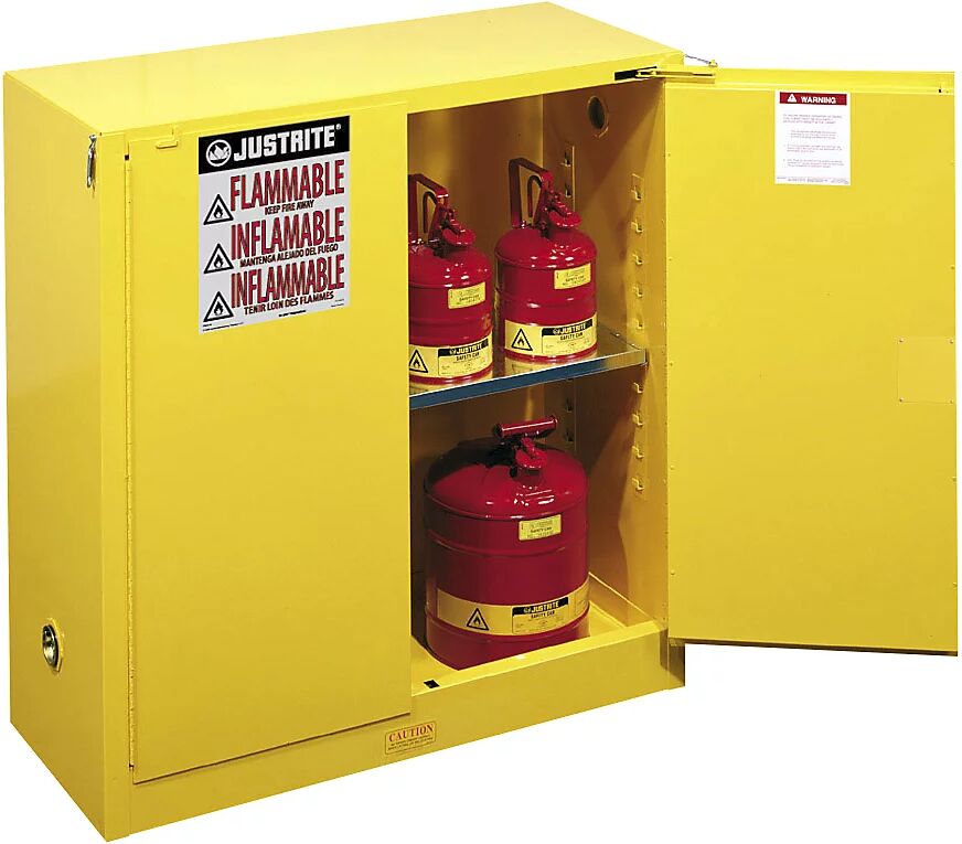 Justrite Armario de seguridad FM, H x A x P 1118 x 1092 x 457 mm, puertas de cierre automático, para sustancias contaminantes del agua, amarillo