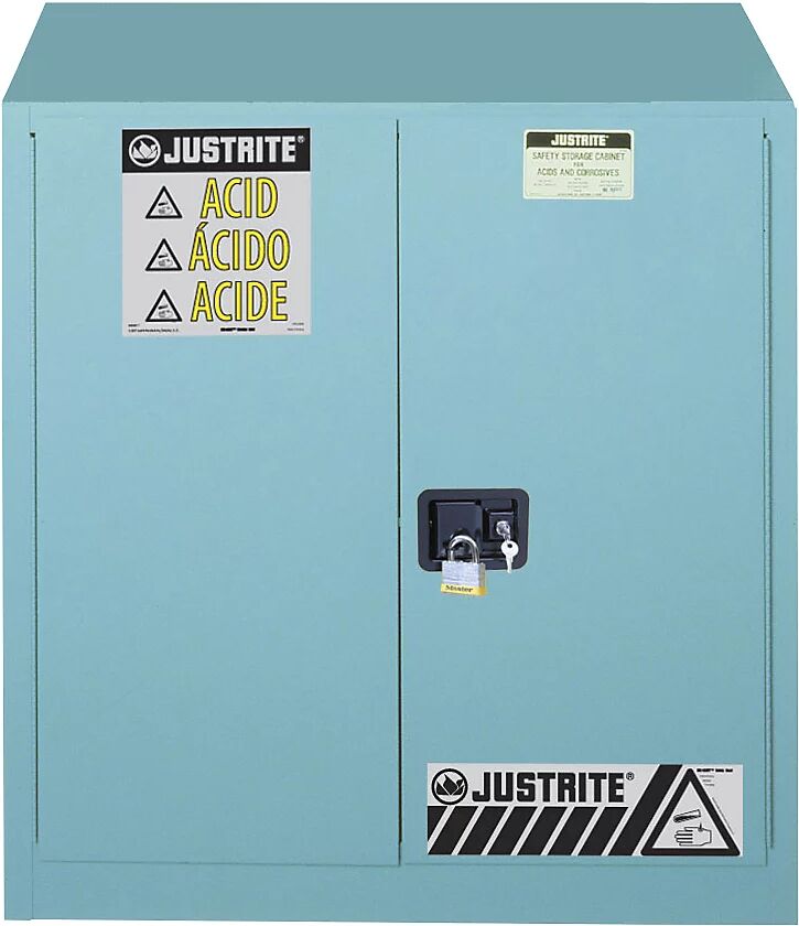 Justrite Armario de seguridad FM, H x A x P 1118 x 1092 x 457 mm, puertas de cierre automático, para ácidos y bases, azul