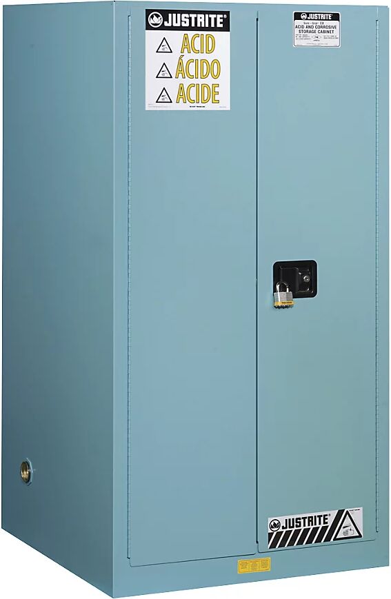 Justrite Armario de seguridad FM, H x A x P 1651 x 864 x 864 mm, puertas de cierre automático, para ácidos y bases, azul