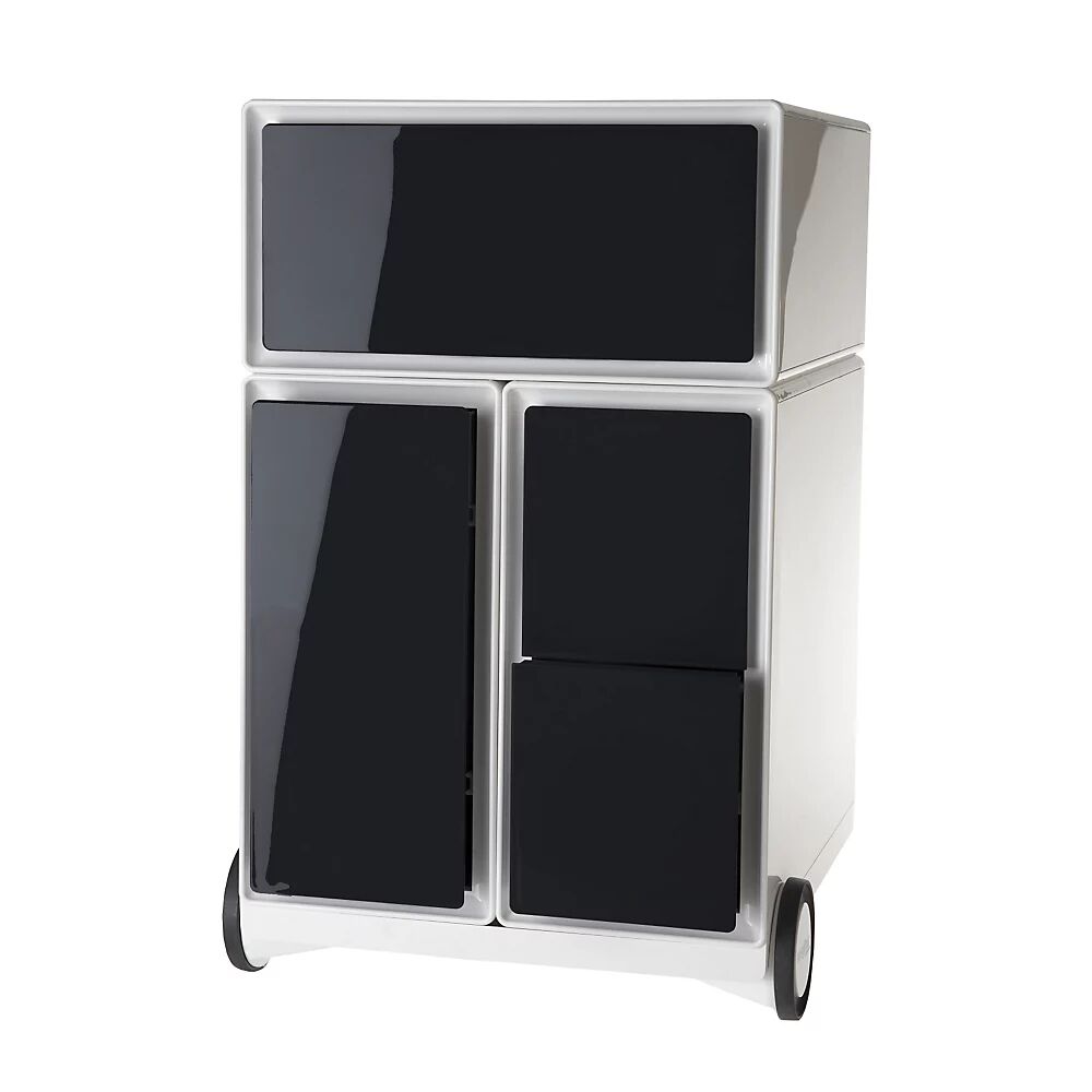 Paperflow Buck rodante easyBox®, 1 cajón, 1 cajón para archivadores colgantes, 2 cajones para CD, blanco / negro