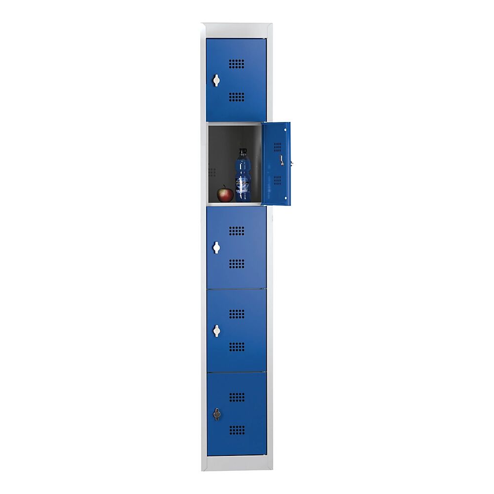Wolf Taquilla de acero, desmontada, puerta batiente, 5 compartimentos, altura 320 mm, anchura 300 mm, módulo de ampliación, gris luminoso / azul genciana