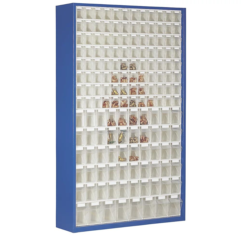 kaiserkraft Armario-almacén de chapa de acero, con 154 cajas plegables transparentes, azul genciana