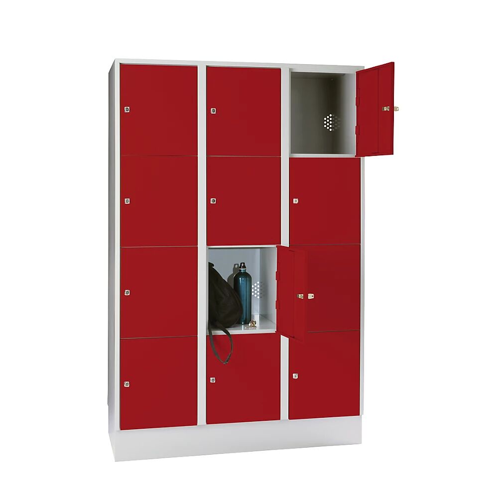 Wolf Armario de compartimentos bajo llave, con zócalo, 12 compartimentos, 400 mm, gris luminoso / rojo vivo