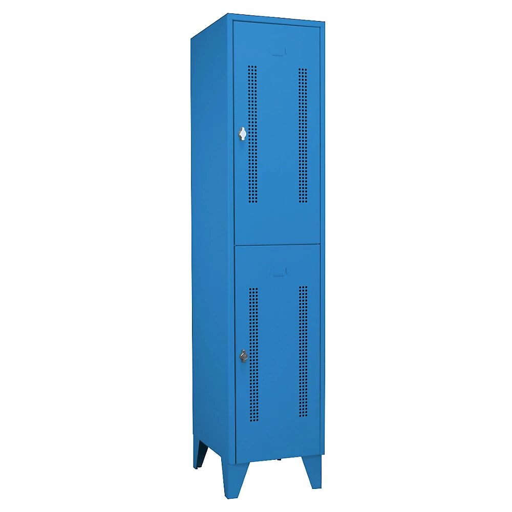 Wolf Taquilla de acero con patas, compartimentos de media altura, puertas de chapa perforada, anchura de compartimento 400 mm, 2 compartimientos, azul luminoso