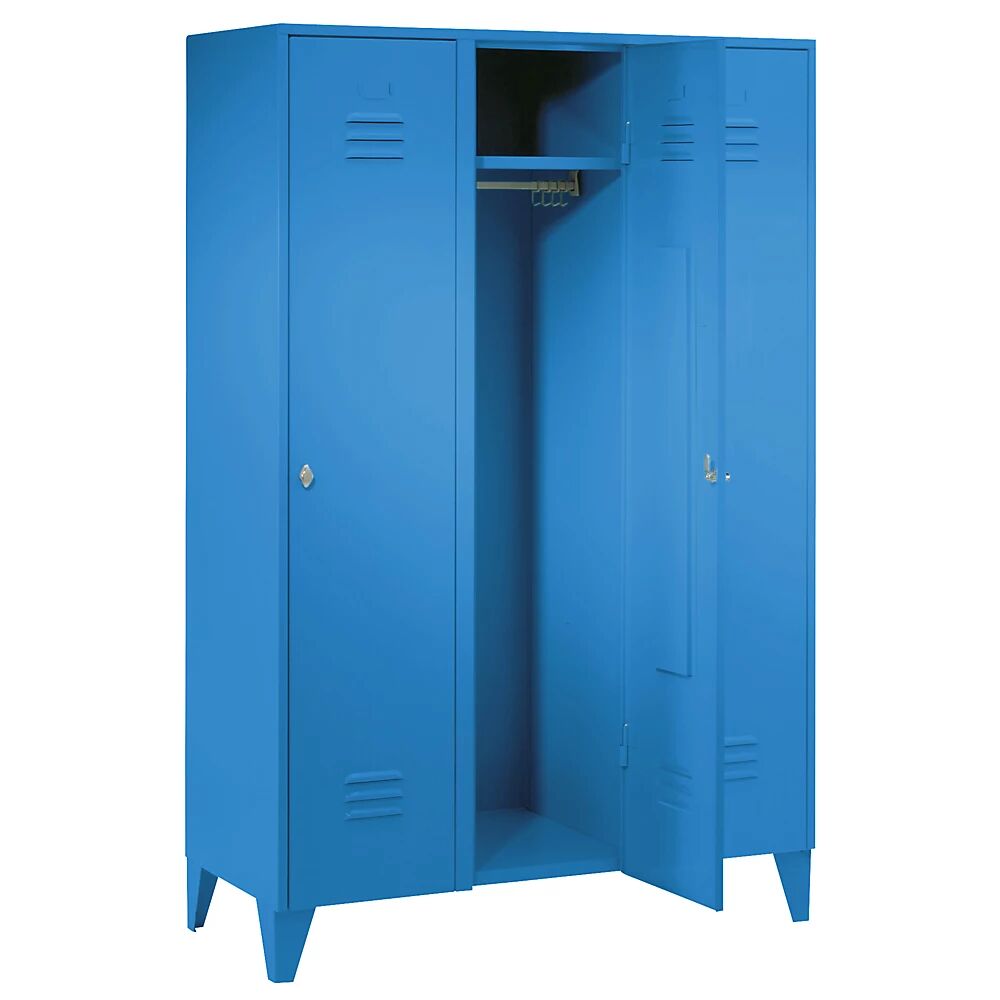 Wolf Taquilla de acero con patas, compartimentos altos, puertas macizas, anchura de compartimento 400 mm, 3 compartimentos, azul luminoso