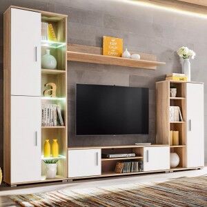 vidaXL Mueble Salón Pared Para Tv Con Luces Led Roble Sonoma Y Blanco