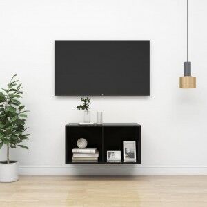 vidaXL Mueble Tv De Pared Madera Contrachapada Negro Brillo 37x37x72cm