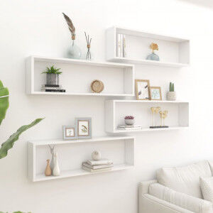 vidaXL Estante Cubo Pared 4uds Contrachapado Blanco Brillo 100x15x30cm