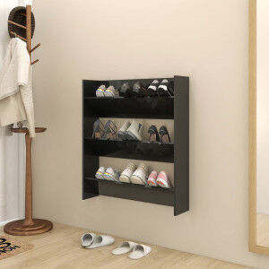 vidaXL Zapatero De Pared Madera Contrachapada Negro Brillo 80x18x90 Cm